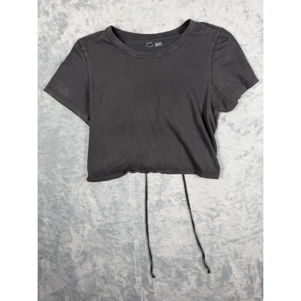 Aerie Women XL Charcoal Gray Open Back Drawstring Cutout Crop Top Tee